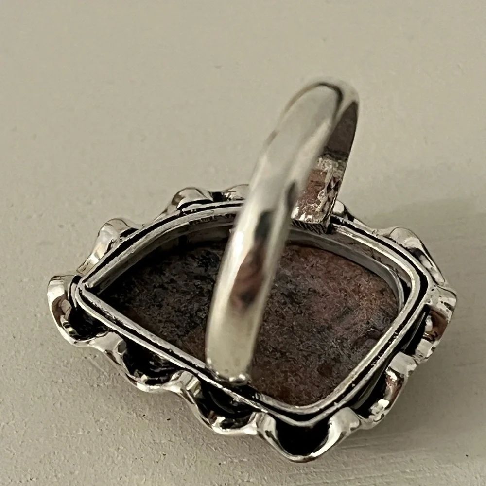 925 Sterling Silver Overlay Rhodonite Gemstone Ring Size 7.75-8